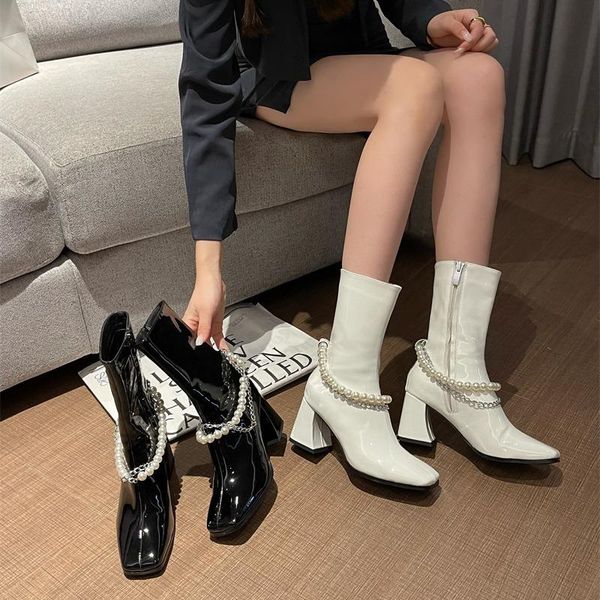 

boots 2021 autumn early winter shoes women high heels genuine leather ladies party pearl brand woman square heel 7cm a3806, Black