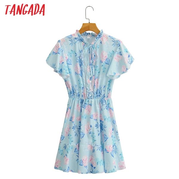 

summer women flowers print ruffles bow neck short sleeve waist strethy ladies mini dress sy221 210416, Black;gray