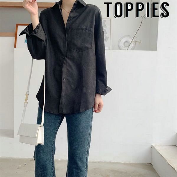 

spring women long sleeves faux suede leather shirt white blouse korean chic loose thick 210421