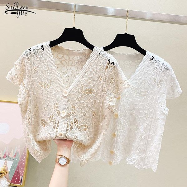 

women's blouses & shirts summer v-neck sunscreen women korean cotton crochet hollow lace shirt 2021 sweet loose short sleeve white blo