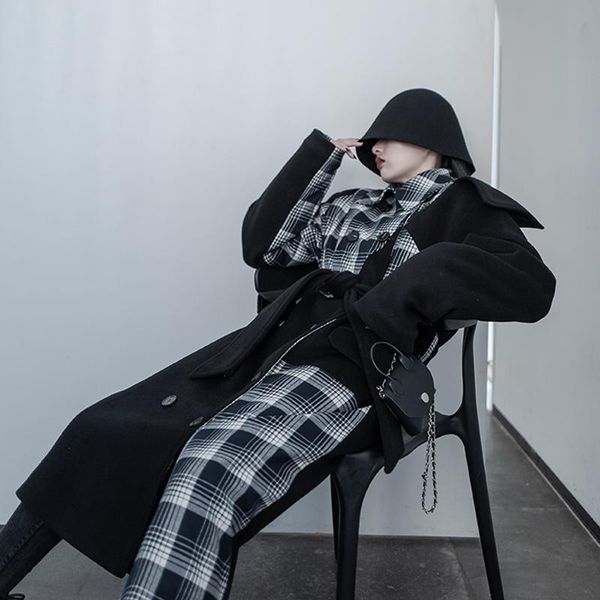 

women's wool & blends fit plaid loose contrast color long woolen coat parkas sleeve women fashion tide autumn winter 2021 1dd2777, Black