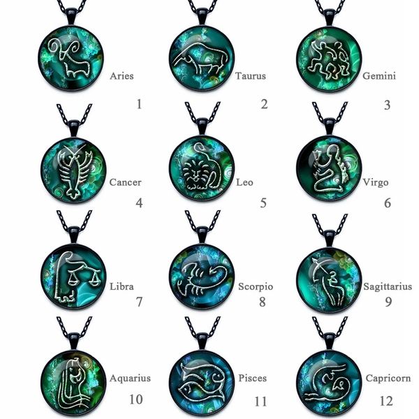 

12 constellation glass necklace men women fashion aries leo virgo pendant necklaces, Silver
