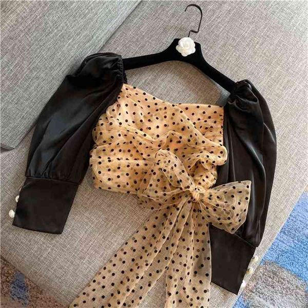 

women's blouses & shirts crop woman satin puff sleeve pearl button bow polka dot gauze ladies cropped blouse girls streetwear blusa, White