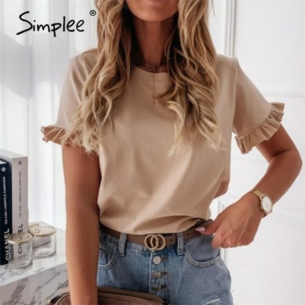 

casual ruffles short sleeve o-neck shir fashion solid loose shir spring summer all-mach op ladies 210708, White