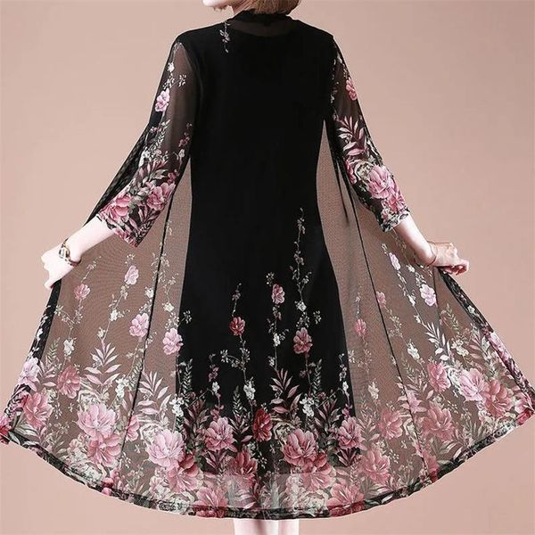 

casual dresses suit/single piece plus size women print cardigan jacket and dress mother half sleeves two suit mom summer elegant 45, Black;gray