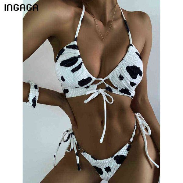 

swimsuit ingaga push up bikinis women's swimsuits ribbed swimwear halter biquini micro thong bow bathing suits animal bikini set, White;black