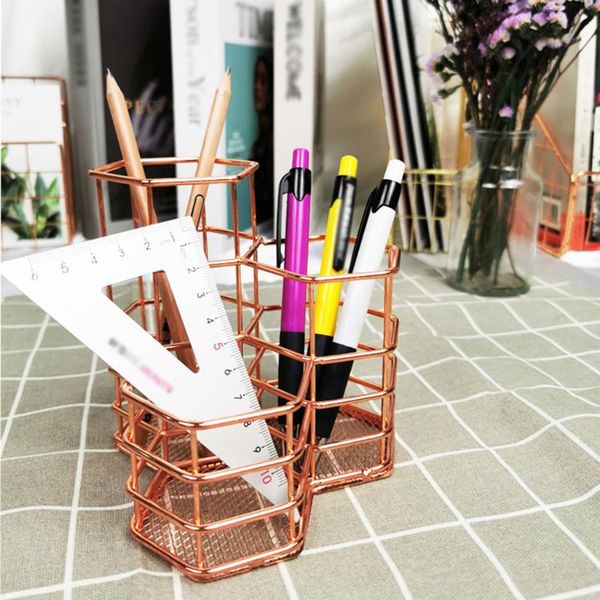 

@40 rose gold wire net pencil holder round iron mesh pen cup stationery organizer desk sorter for office home organizers storage boxes & bin