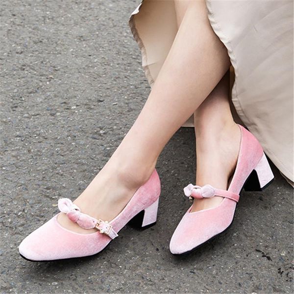 

dress shoes square high heels woman 2021 summer flock faux suede point toe black pink women's office ladies female pumps