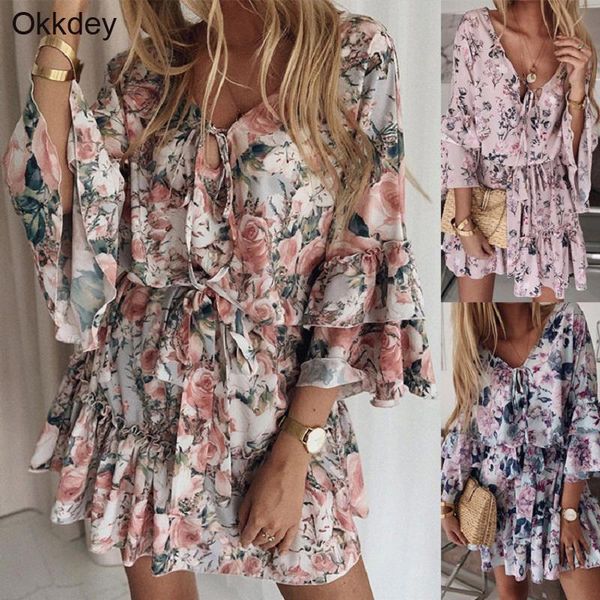 

casual dresses 2021 women summer chiffon boho floral mini swing dress bohemian holiday beach ruffle frill sundress, Black;gray
