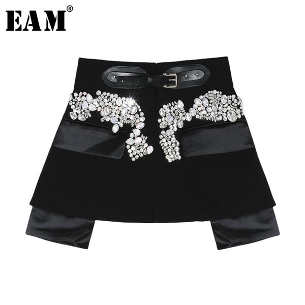 

[eam] new spring autumn high waist black beading blingbling spliced personality short half-body skirt women fashion jy758 210412