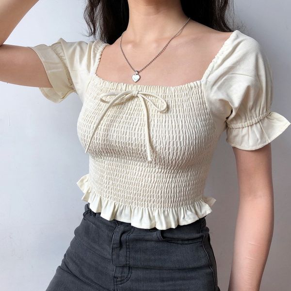 

women's blouses & shirts square neck puff sleeve woman slim sweet bow short summer women 6qia, White