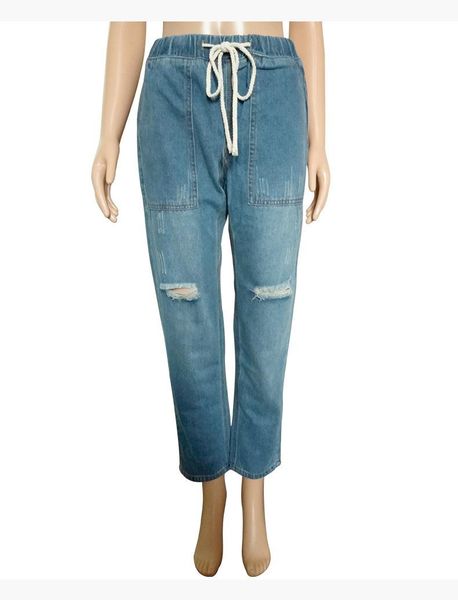 

women's leggings women pull-on distressed denim joggers elastic waist stretch pants, Black