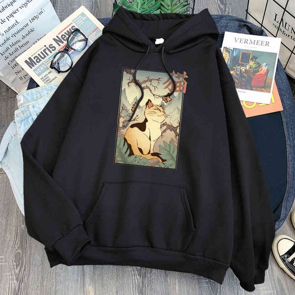 

ukiyo - men's cat print hoodie, loose wool hoodie, harajuku animation clothing, novelty in autumn, Black