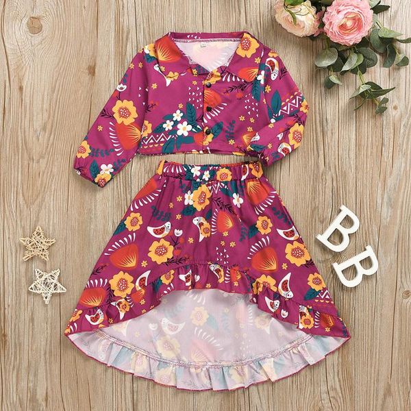 

clothing sets children's baby girls flower print button coat skirt outfits clothes for kids, White