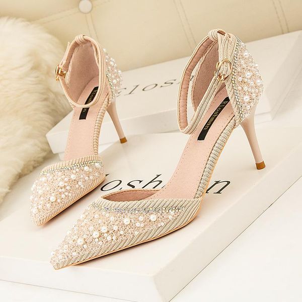 

dress shoes 2021-2 korean pearl rhinestone pointed hollow out high heels show thin and with sandals women, Black