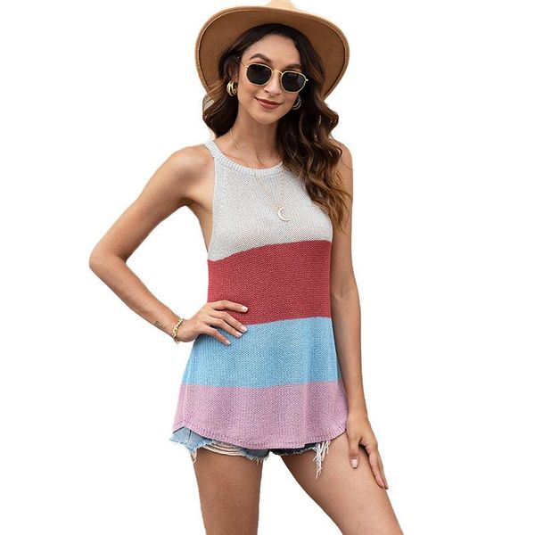 

women's vests casual knitted blouse female stripe vest off the shoulder for women, Black;white