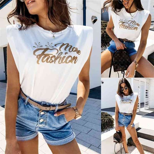 

casual loose white summer sleeveless women shoulder pad female t-shirt basic fashion bronzing letters solid diamond 210517