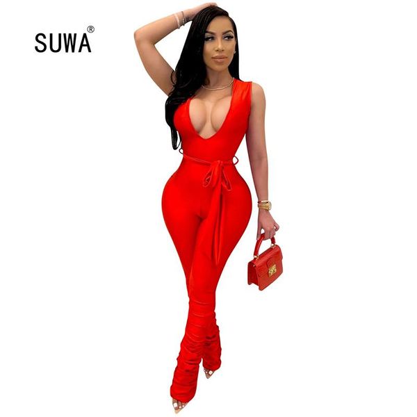 

women's jumpsuits & rompers deep v neck spandex jumpsuit 2021 summer evening party sleeveless lace-up high waist fashion women, Black;white