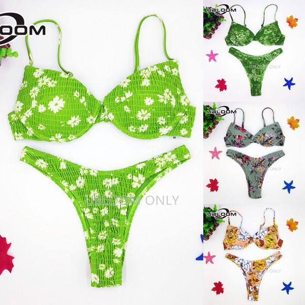 

bikinis swimwear women pleated swimsuit floral brazilian bikini set push up bathing suit female summer beach wear biquini, White;black