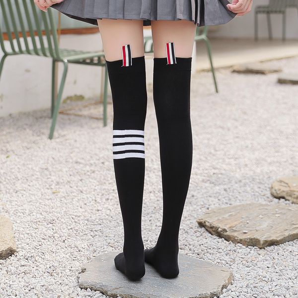

socks autumn and winter women's knee four horizontal bars tb asymmetric high tube rainbow bar marking decorative cotton stockings, Black;white
