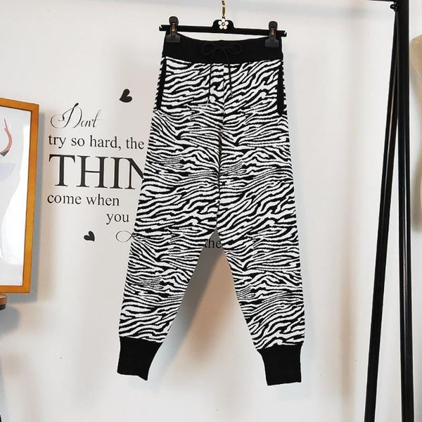 

women's pants & capris fashion zebra striped knitted korean high waist women sweater trousers causal 2021 long sweat, Black;white