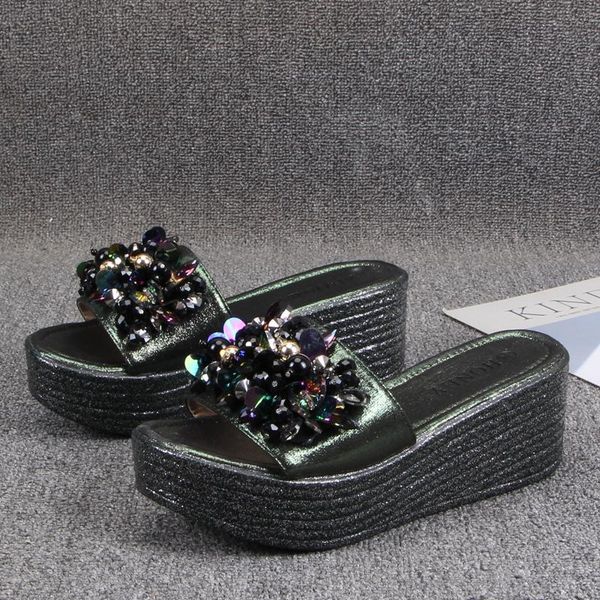 

house slippers platform female shoes slides string bead women heels on a wedge rubber flip flops 2021 soft high flat hawaiian, Black