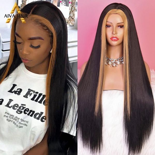 

aiva hair highlight brown synthetic wig long straight full machined heat resistant red grey wigs for black women