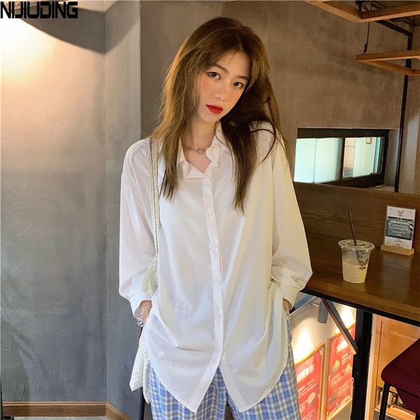 

single breasted women white shirts turn-down collar female blouses autumn loose casual blouse 210514
