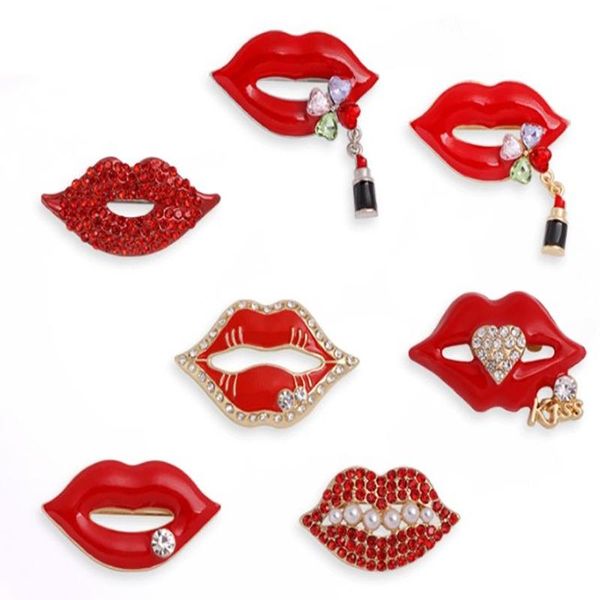 Pins, broches rhinestone lábios para mulheres moda sexy boca broche pino brilhante presente vermelho cor