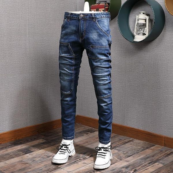

men's jeans autumn winter blue patchwork men motorcycle straight slim fit pants mens denim trousers