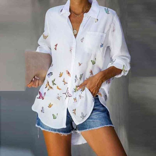 

fashion butterfly blouse buttons pocket casual autumn winter ladies female women long sleeve blusas pullover, White