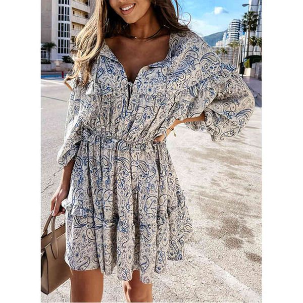 

women ruffles casual print long sleeve dress spring summer new v neck lace-up female loose streetwear mini dresses vestidos 210416, Black;gray
