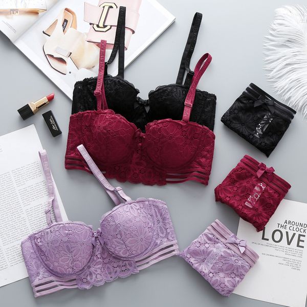 

bras sets lace small chest gathered half cup thin cotton pad bra suit women's underwear, Red;black