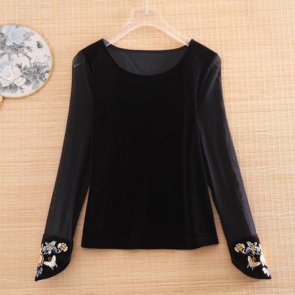 

ethnic clothing high-end autumn chinese style embroidery mesh lace blouse shirt women fashion elegant loose lady s-xxl, Red