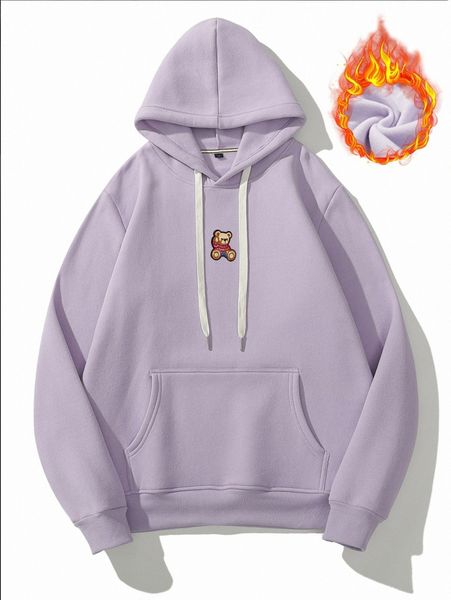 

men bear patched kangaroo pocket drawstring thermal hoodie a3l3#, Black