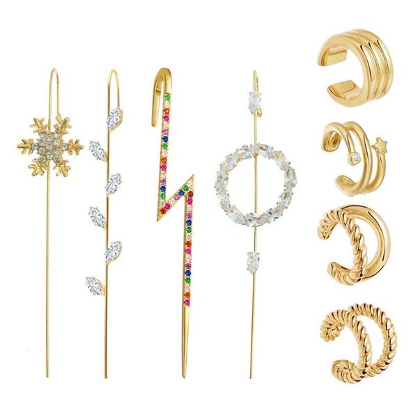 

dangle & chandelier golden ear cuff wrap crawler hook earrings kit rhinestone piercing stud, Silver