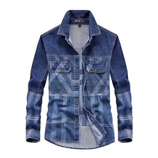 

men's casual shirts mcikkny men fashion plaid denim shirt long sleeves black patchwork jeans multi pockets plus size l-5xl, White;black