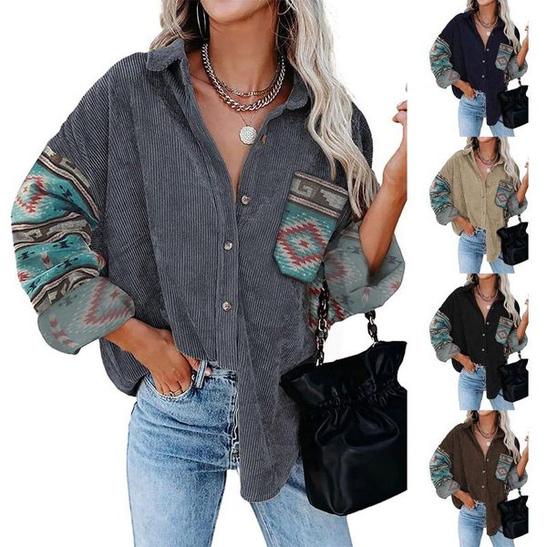 

women's jackets vintage shirt women autumn and winter plaid splicing loose corduroy lapel pockets long-sleeved jacket streetwear female, Black;brown