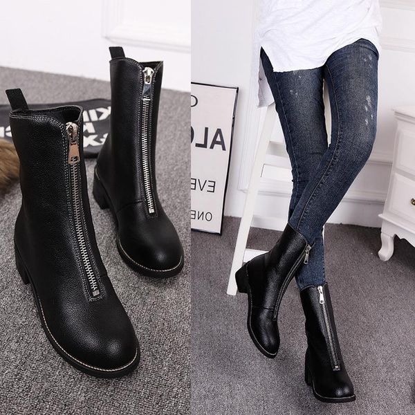 

boots bottom soft leather zipper single heel head locomotive flat, Black