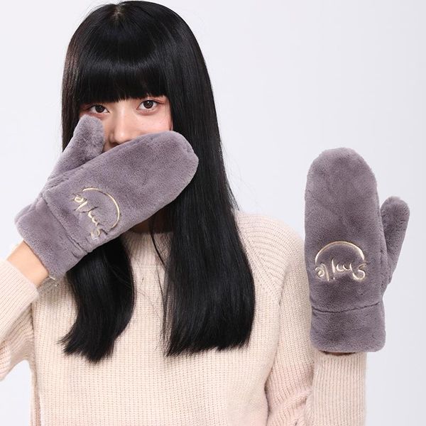

five fingers gloves women lovely plush winter warm fuzzy mittens windproof femal embroidery s2340, Blue;gray