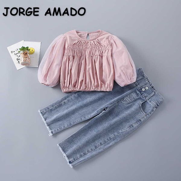 

spring kids girls 2-pcs sets white pink long puff elastic waist shirts + denim pants children clothes e035 210610