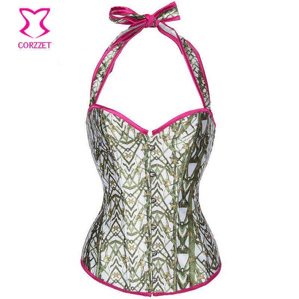 

nxy set corzzet gothic brown tree leaves print halter overbust corset femme steampunk lingerie bodyshaper victorian waist korse 1203, Red;black