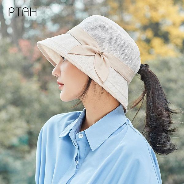 

wide brim hats [ptah] fashion bucket women's upf 50+ anti-uv cloth foldable windproof rope beach breathable sun protection cap female, Blue;gray