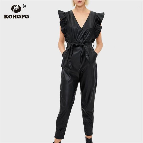 

women's jumpsuits & rompers rohopo butterfly sleeve v collar faux leather black jumpsuit back zipper bow waistband pencil bottom ladies, Black;white
