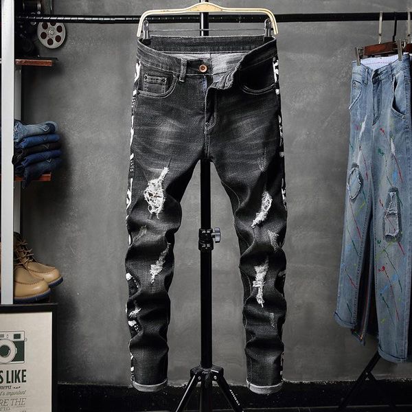 

men's men 's personality embroidery moto jeans slim fit straight denim pants distressed trousers, Blue