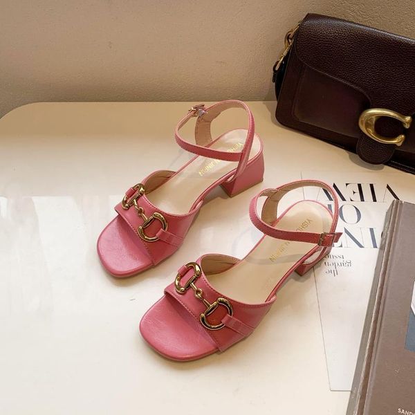 

sandals women summer fashion women's 2021 buckle square toe chunky heels shoes non-slip candy color, Black