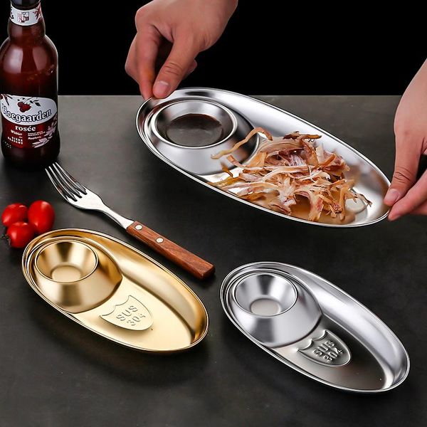 

dishes & plates 304 stainless steel snack plate divided grid sauce western french fries fried chicken dim sum oval