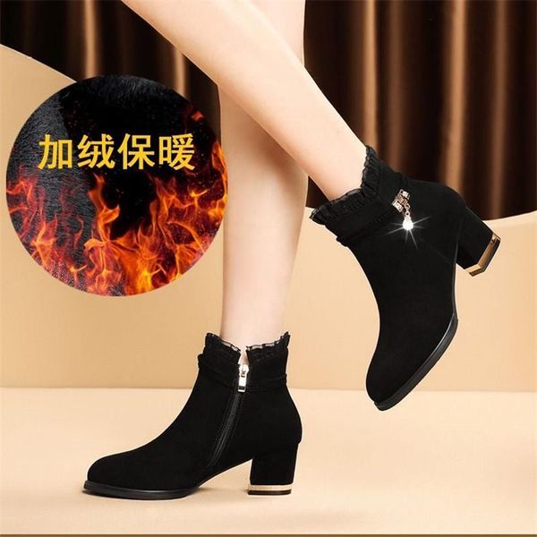 

boots 2021 winter women ladies thick fur ankle plus size pumps high heel platform rubber shoes snow, Black