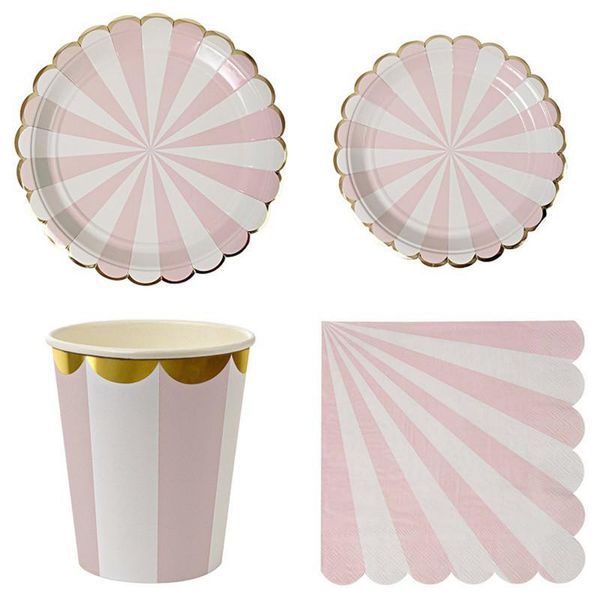 

packaging dinner service party disposable tableware sets pink striped paper plates cups napkins foil carnival decor supplies