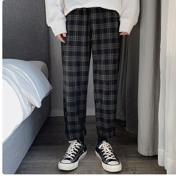 

men's pants 2021 fashion man loose striped length trousers korean men plaid casual oversized streetwear joggers, Black